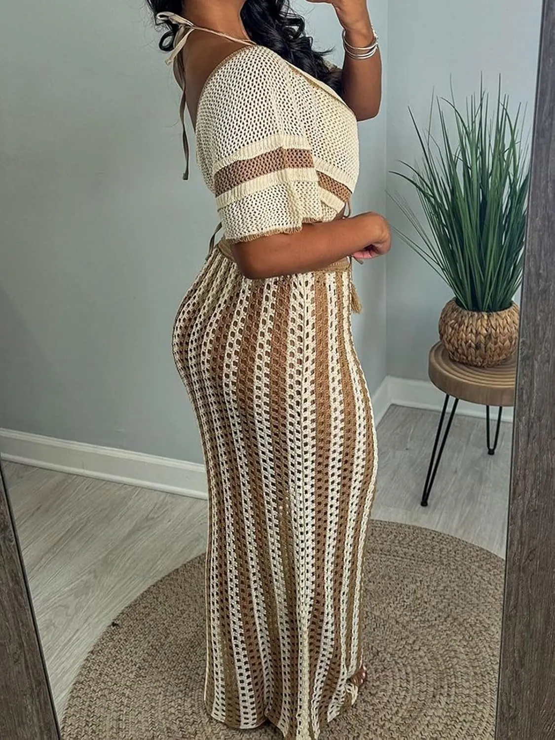 KANSOON Crochet Skirt Sets Women 2 Piece Outfits Knit Striped Hollow Out Short Sleeve V Neck Drawstring Top Maxi Skirts Set