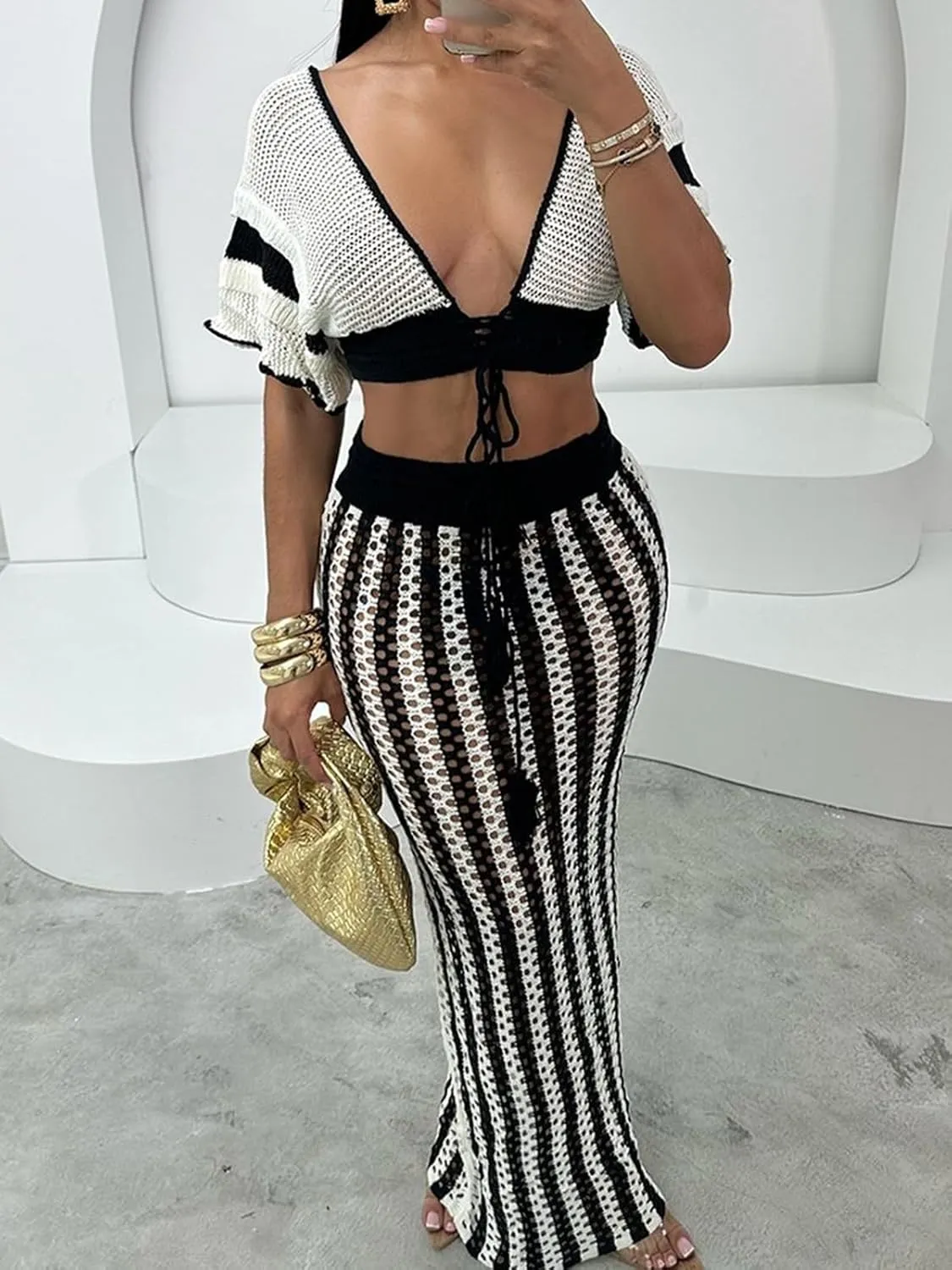 KANSOON Crochet Skirt Sets Women 2 Piece Outfits Knit Striped Hollow Out Short Sleeve V Neck Drawstring Top Maxi Skirts Set