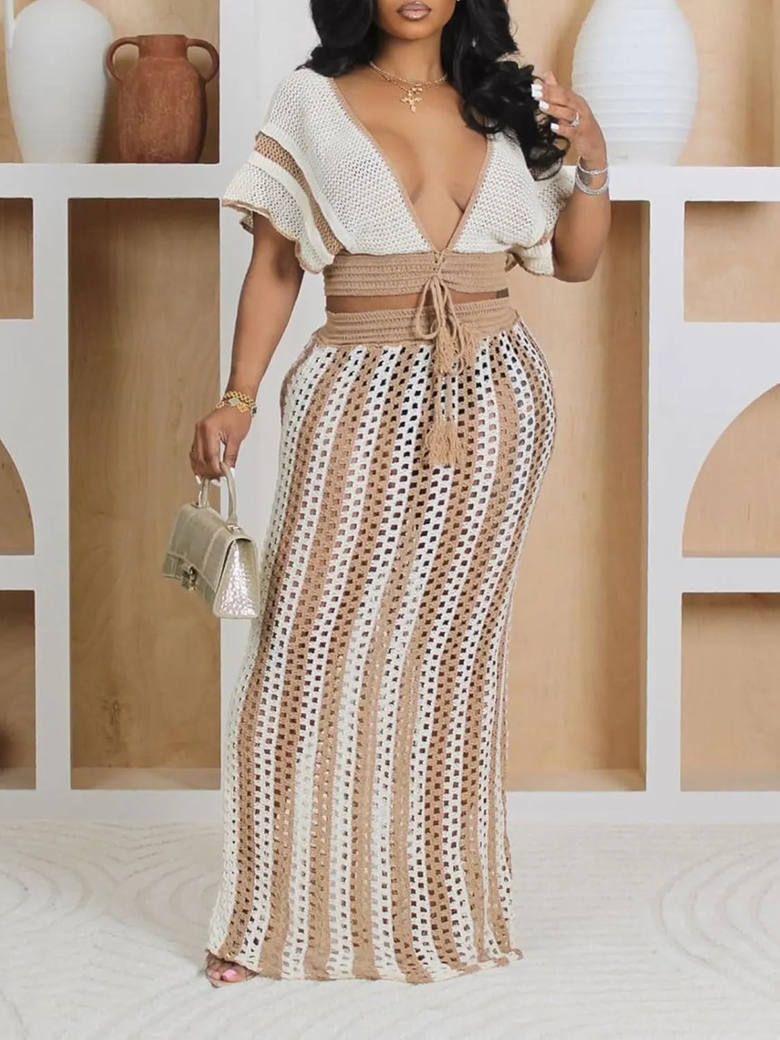 KANSOON Crochet Skirt Sets Women 2 Piece Outfits Knit Striped Hollow Out Short Sleeve V Neck Drawstring Top Maxi Skirts Set