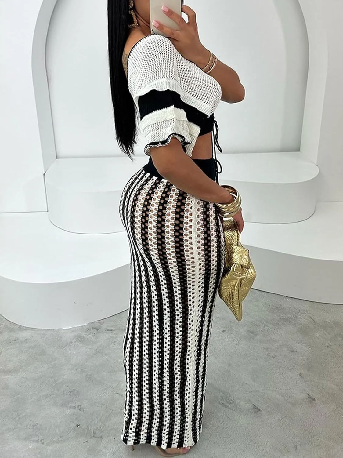 KANSOON Crochet Skirt Sets Women 2 Piece Outfits Knit Striped Hollow Out Short Sleeve V Neck Drawstring Top Maxi Skirts Set