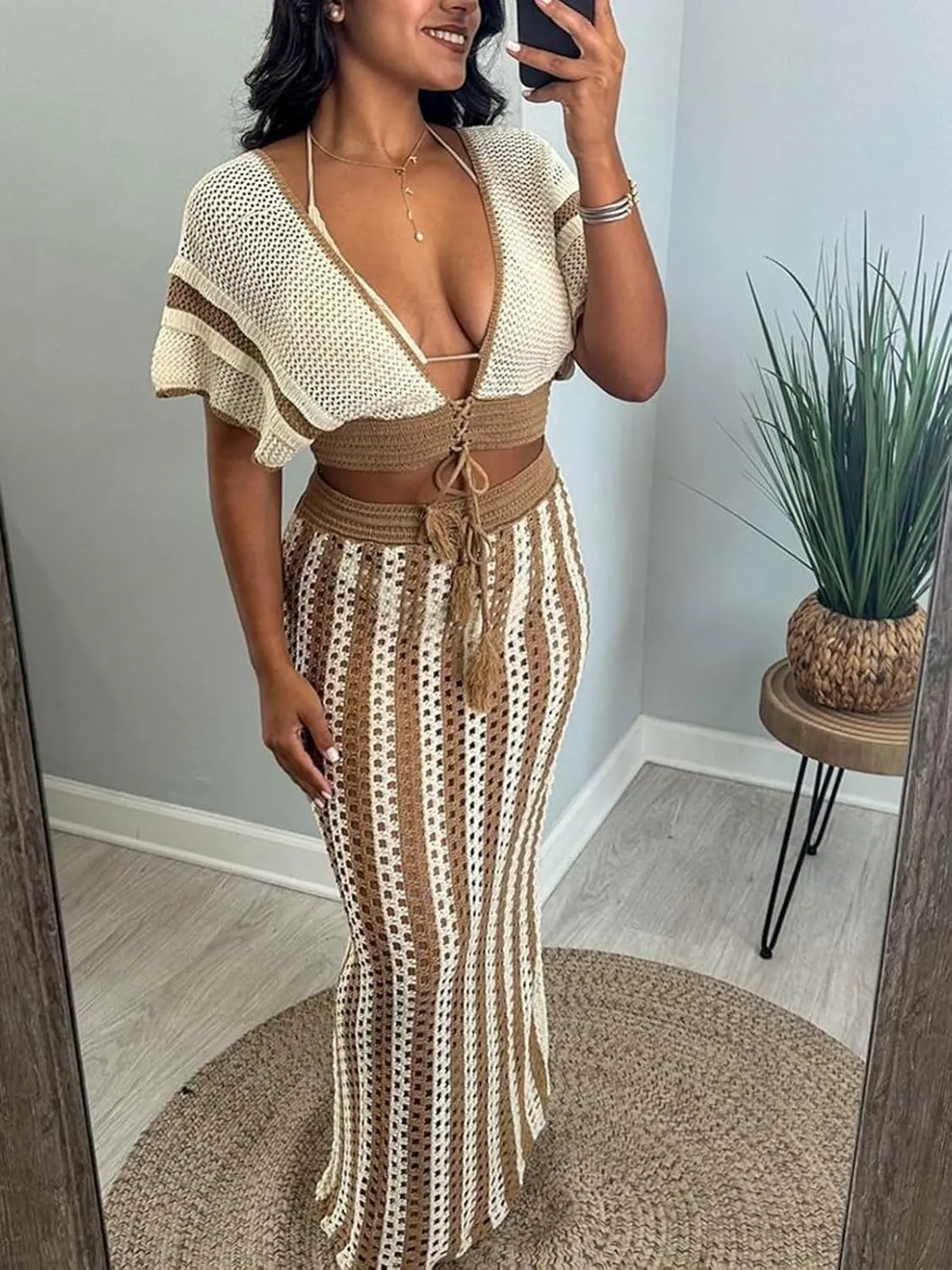 KANSOON Crochet Skirt Sets Women 2 Piece Outfits Knit Striped Hollow Out Short Sleeve V Neck Drawstring Top Maxi Skirts Set