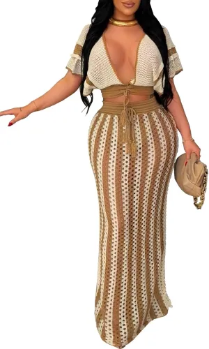 KANSOON Crochet Skirt Sets Women 2 Piece Outfits Knit Striped Hollow Out Short Sleeve V Neck Drawstring Top Maxi Skirts Set