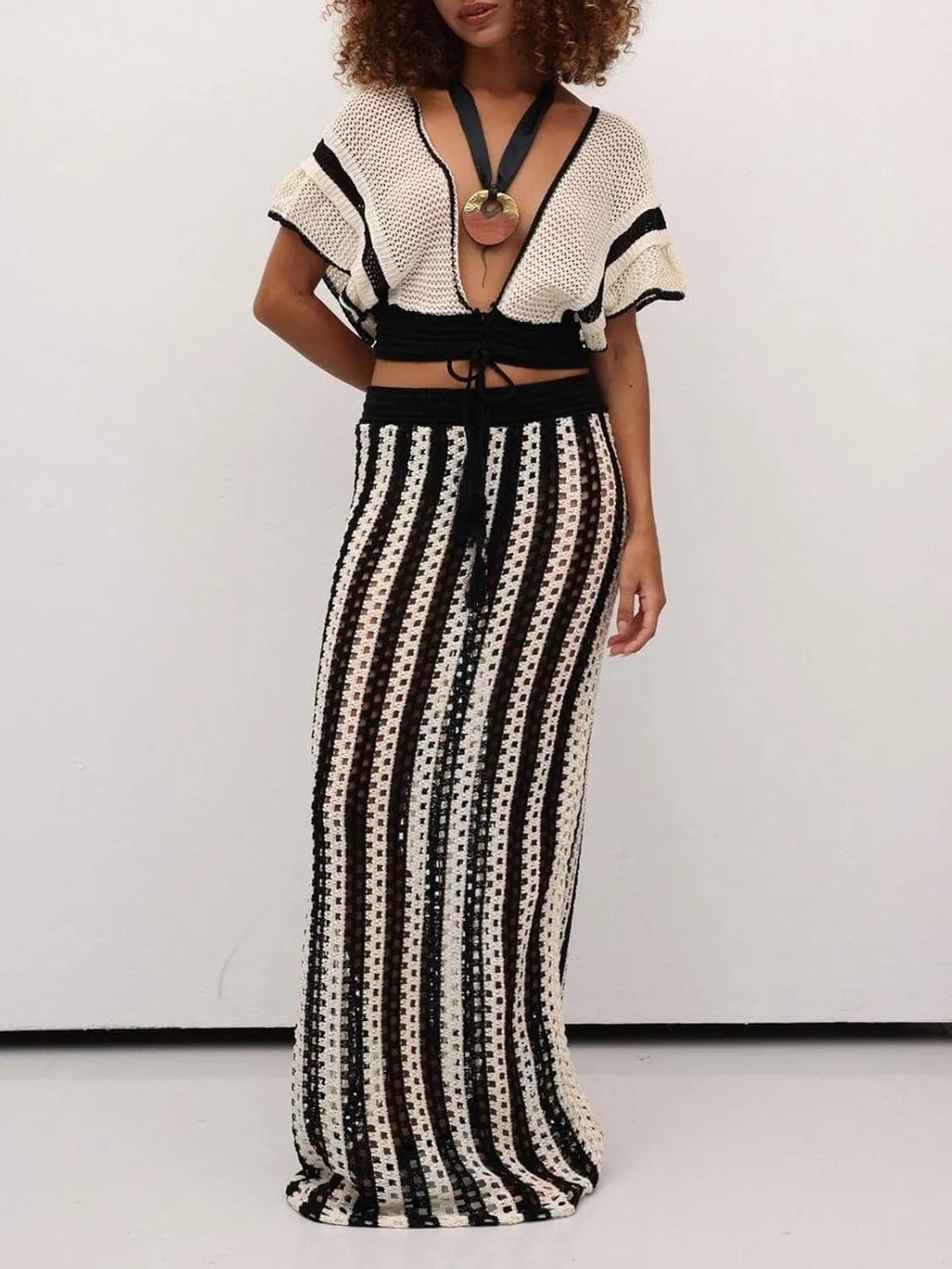 KANSOON Crochet Skirt Sets Women 2 Piece Outfits Knit Striped Hollow Out Short Sleeve V Neck Drawstring Top Maxi Skirts Set