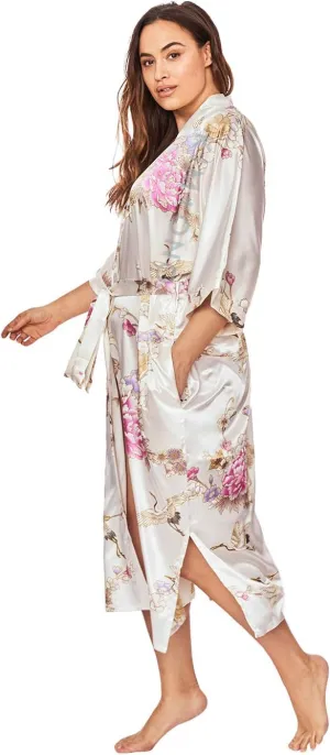 KIM ONO Plus Size Women's Satin Kimono Robe Long - Floral