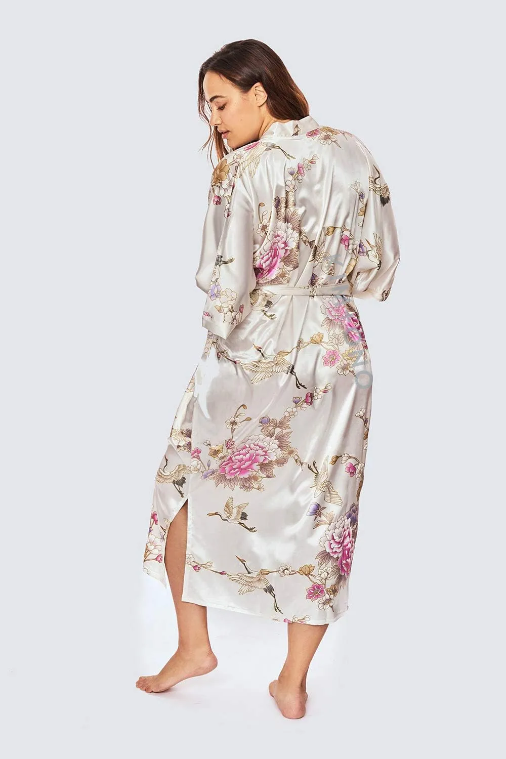 KIM ONO Plus Size Women's Satin Kimono Robe Long - Floral