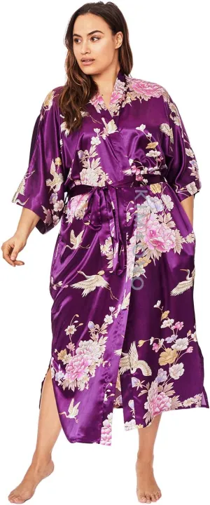 KIM ONO Plus Size Women's Satin Kimono Robe Long - Floral