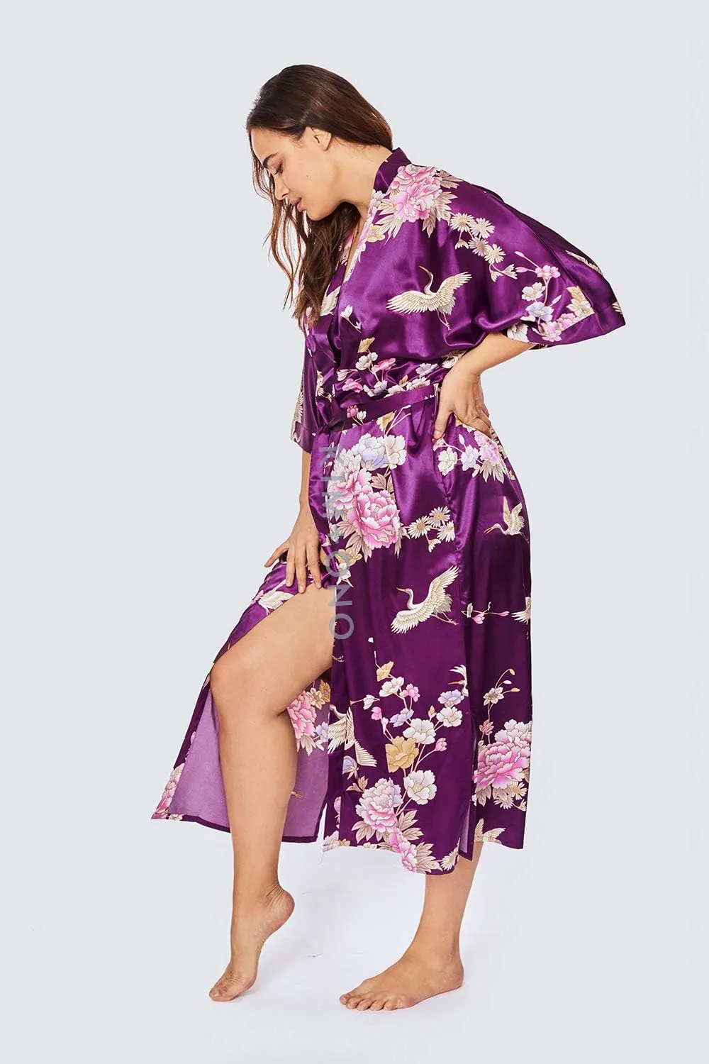 KIM ONO Plus Size Women's Satin Kimono Robe Long - Floral