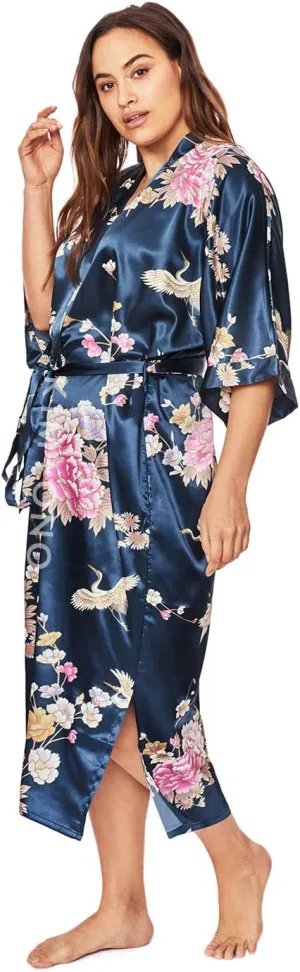 KIM ONO Plus Size Women's Satin Kimono Robe Long - Floral