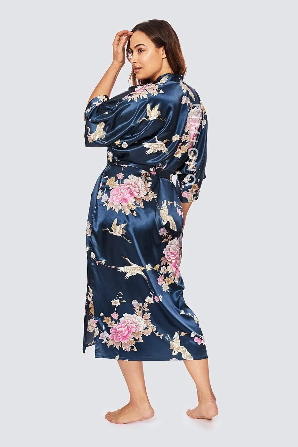 KIM ONO Plus Size Women's Satin Kimono Robe Long - Floral