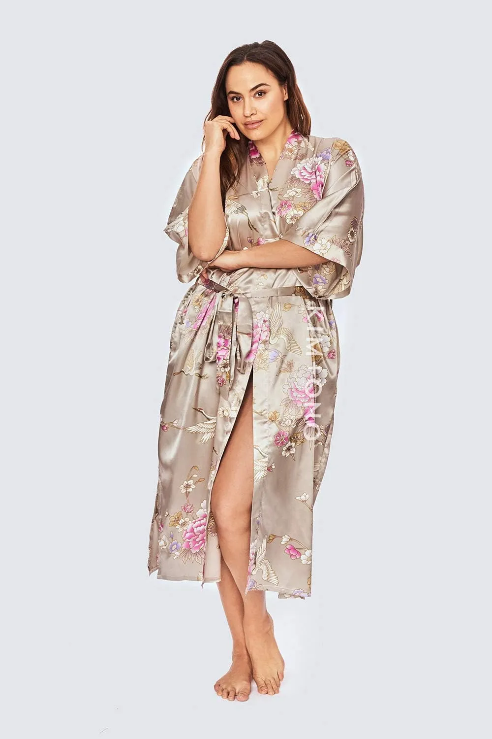 KIM ONO Plus Size Women's Satin Kimono Robe Long - Floral