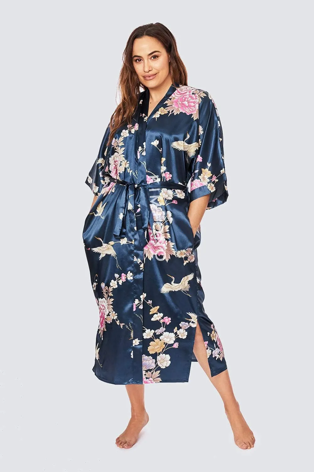 KIM ONO Plus Size Women's Satin Kimono Robe Long - Floral