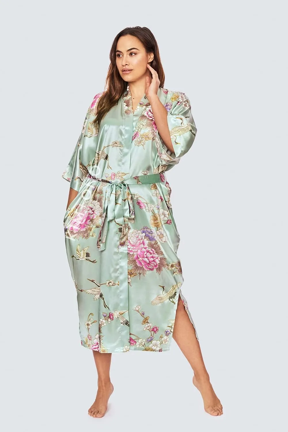 KIM ONO Plus Size Women's Satin Kimono Robe Long - Floral