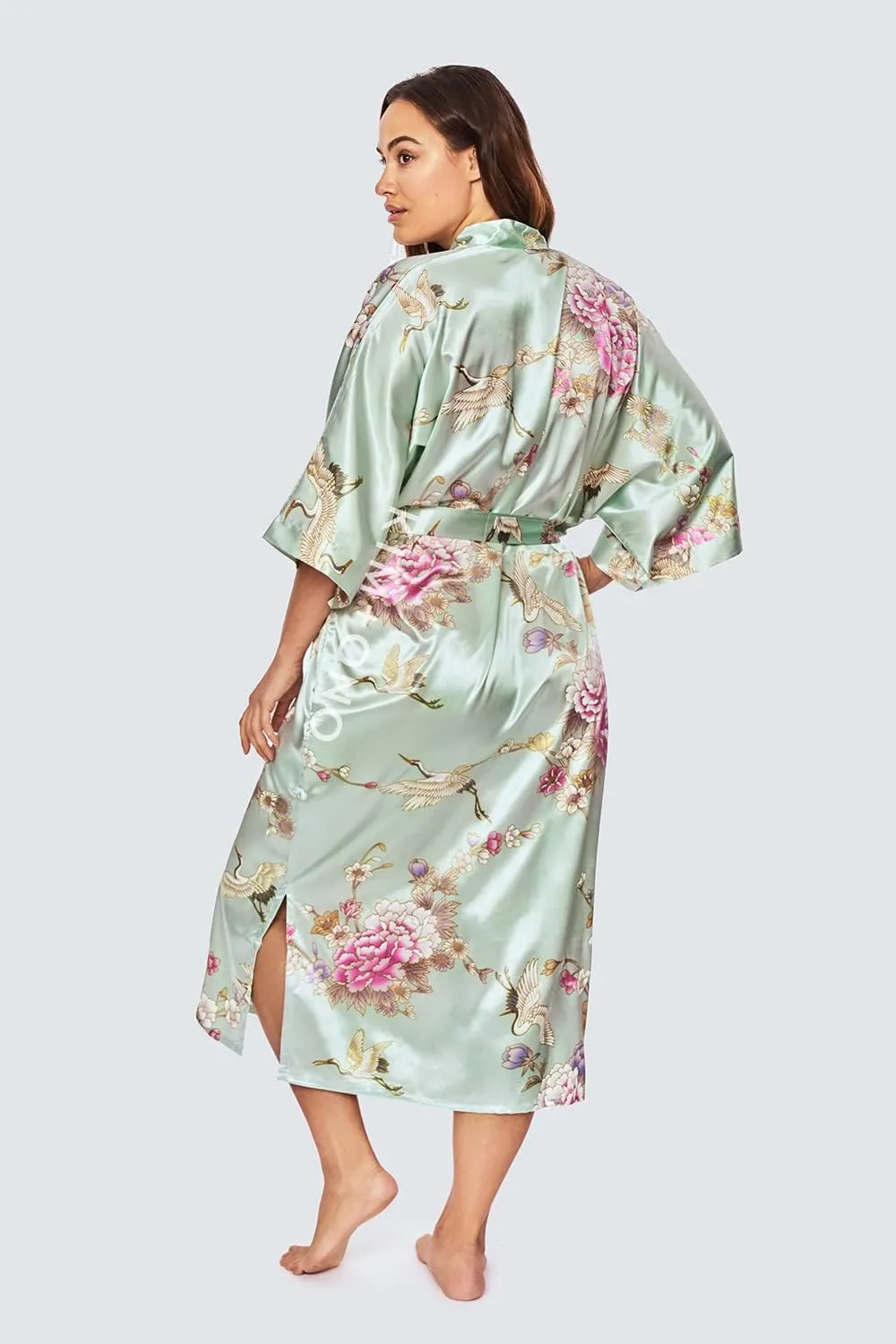 KIM ONO Plus Size Women's Satin Kimono Robe Long - Floral