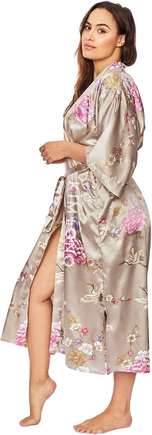 KIM ONO Plus Size Women's Satin Kimono Robe Long - Floral