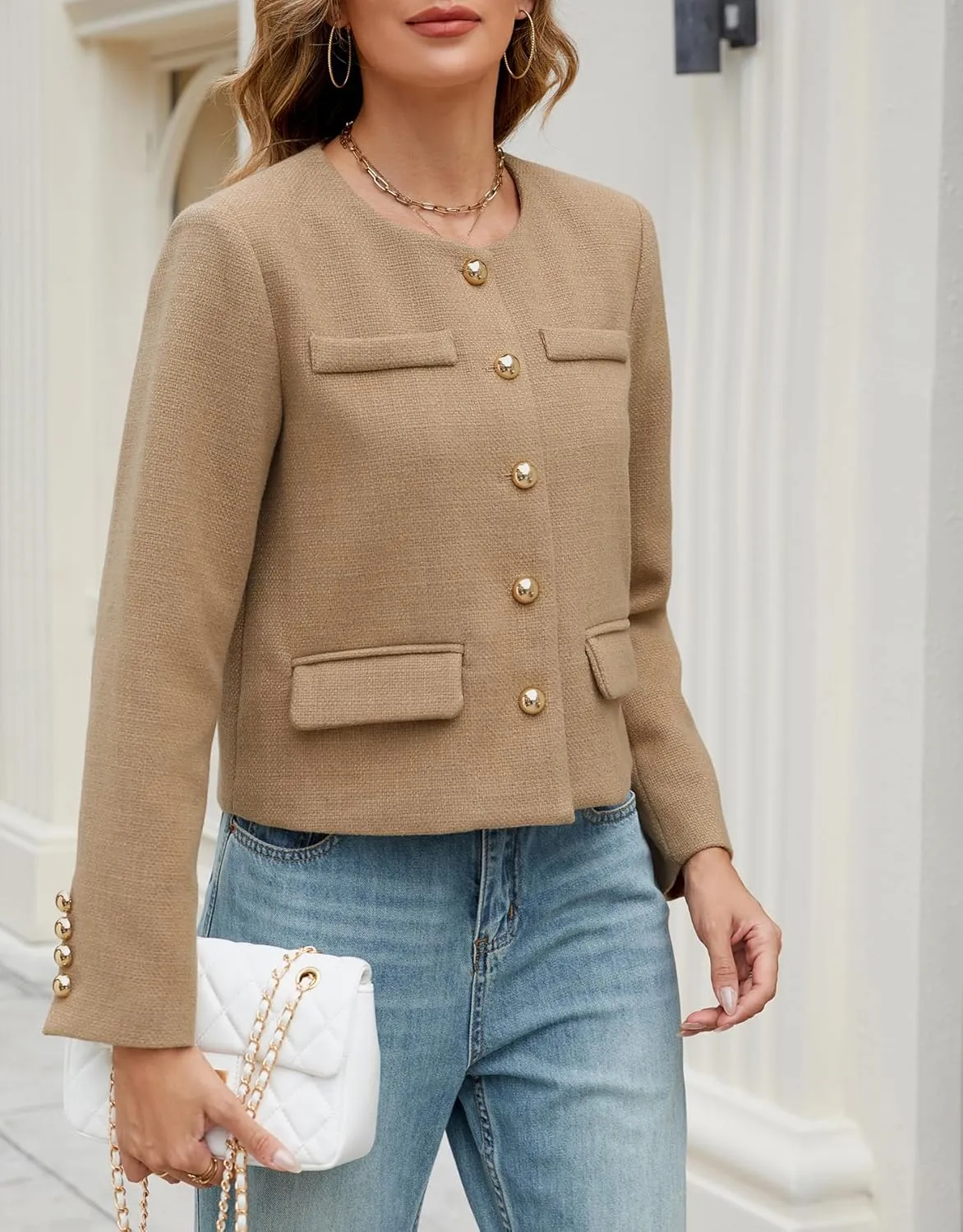 Ladyful Womens Cropped Tweed Blazer Jacket Collarless Long Sleeve Office Work Coat Fall Business Outerwear