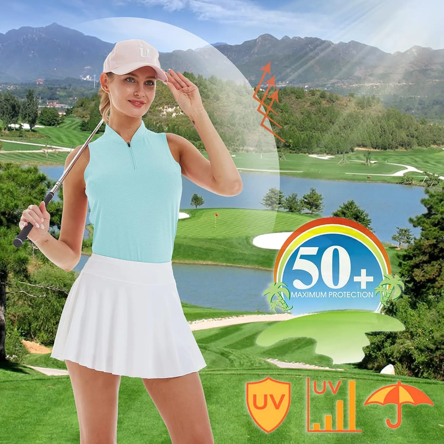 LastFor1 Women's Golf Polo Sleeveless Shirt Zip-Up UPF 50  UV Protection Athletic Tops Slim Fit Quick Dry Lightweight