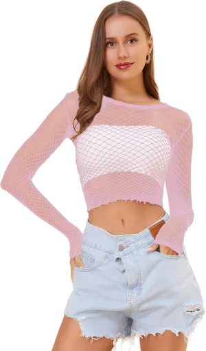 LEMON GIRL Women Fishnet Long Sleeve Crop Top Lingerie Babydoll Chemise Mesh Tops US2-16