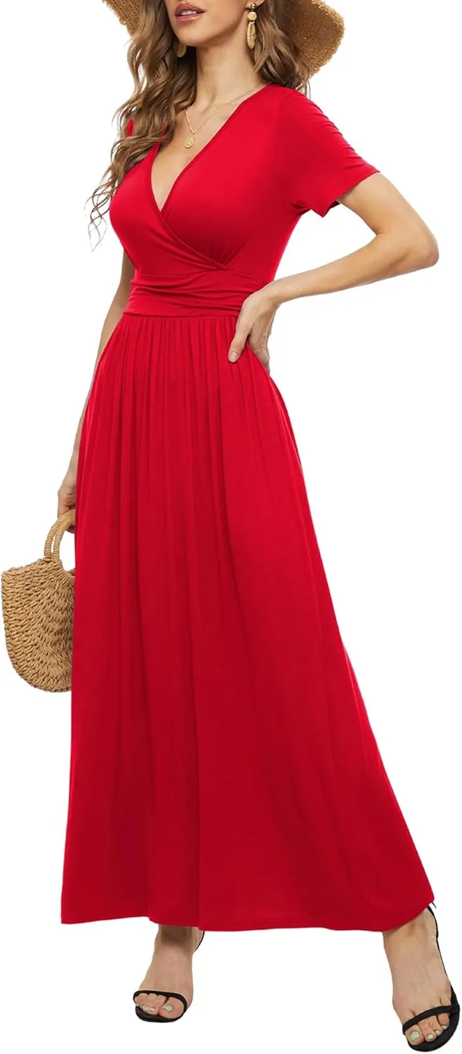 LILBETTER Women's Summer Short Sleeves Dress Wrap Waist Maxi Dresses with Pockets