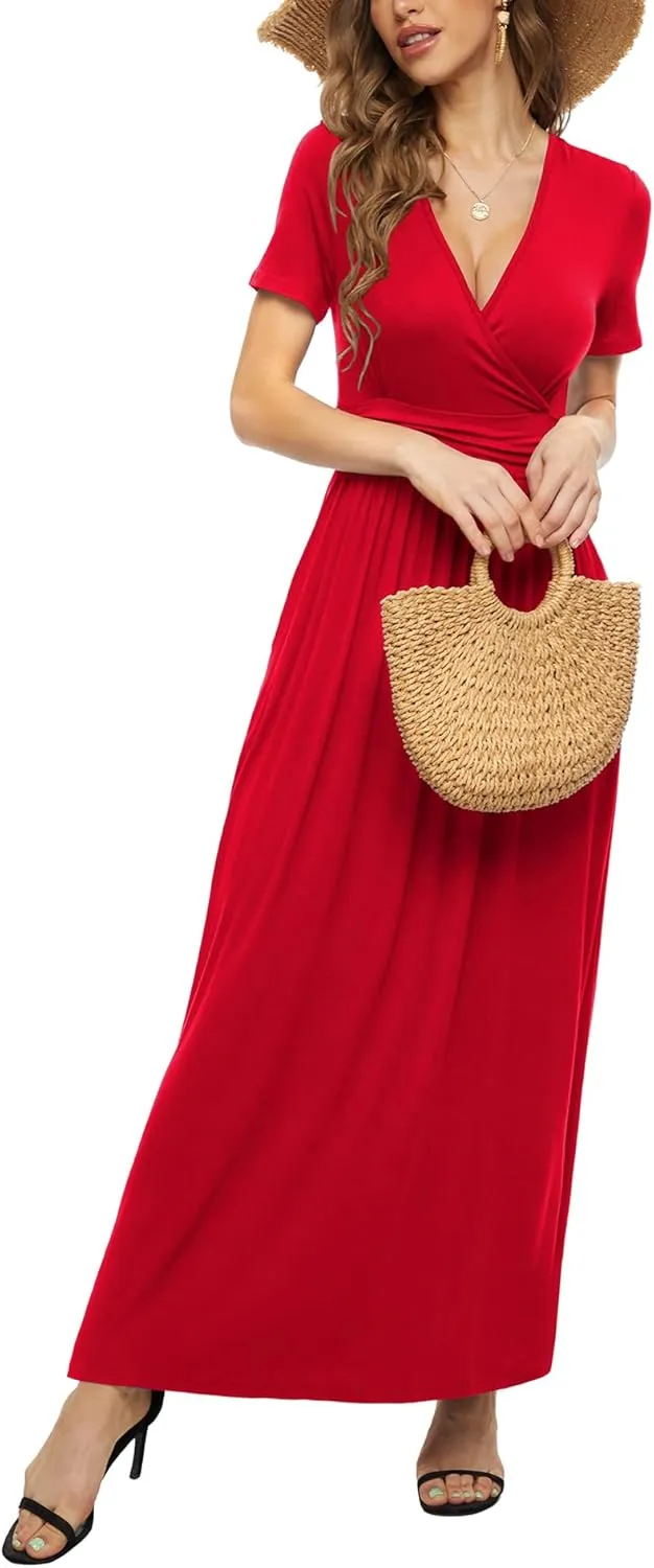 LILBETTER Women's Summer Short Sleeves Dress Wrap Waist Maxi Dresses with Pockets