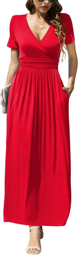 LILBETTER Women's Summer Short Sleeves Dress Wrap Waist Maxi Dresses with Pockets