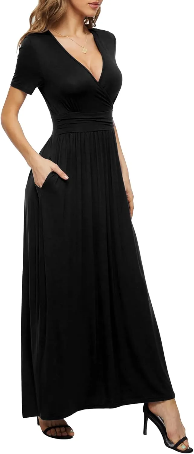LILBETTER Women's Summer Short Sleeves Dress Wrap Waist Maxi Dresses with Pockets