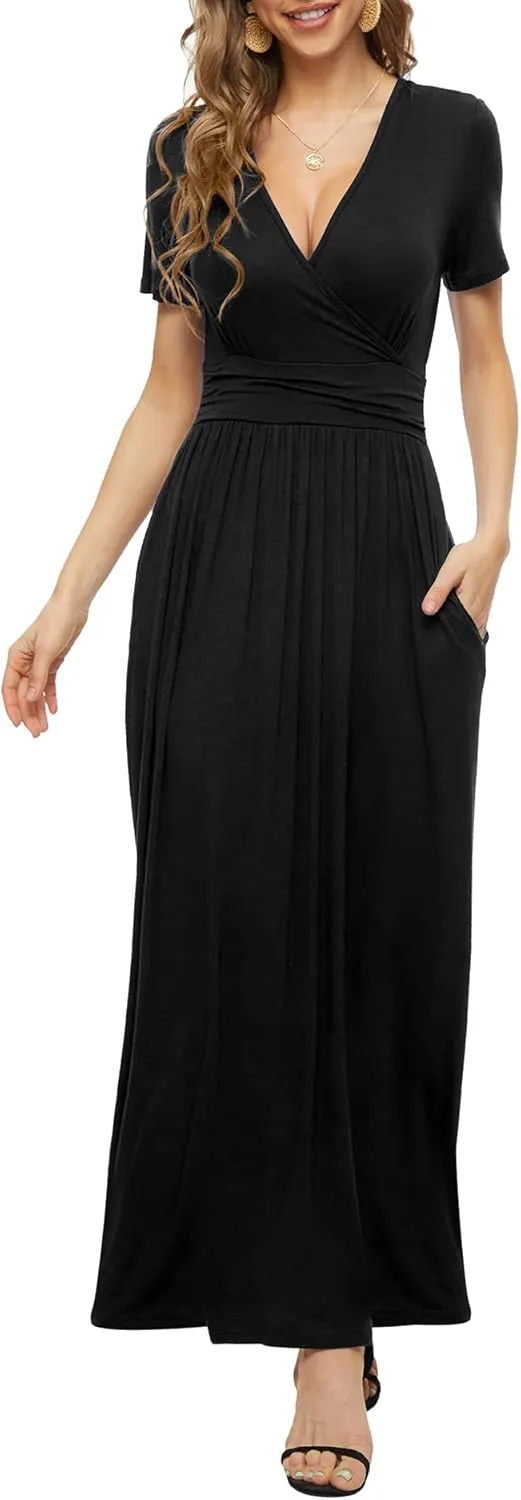 LILBETTER Women's Summer Short Sleeves Dress Wrap Waist Maxi Dresses with Pockets