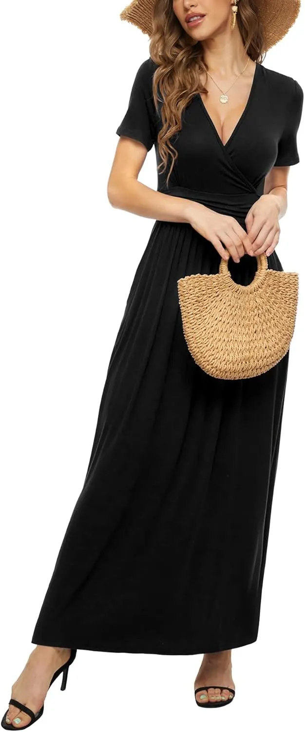 LILBETTER Women's Summer Short Sleeves Dress Wrap Waist Maxi Dresses with Pockets