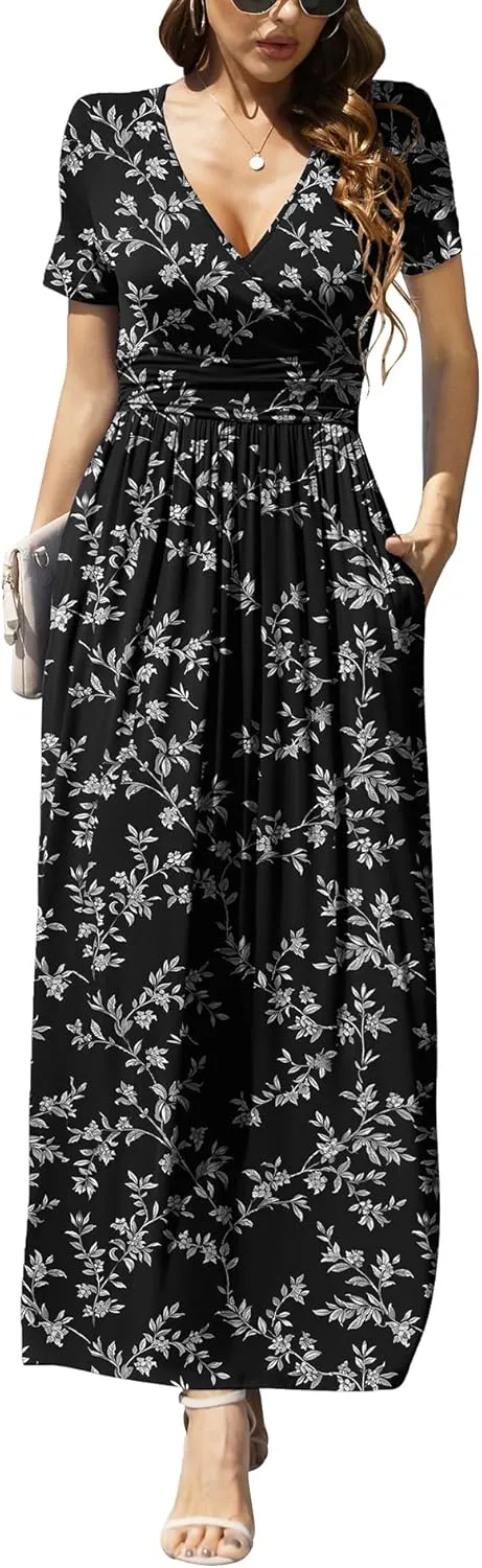 LILBETTER Women's Summer Short Sleeves Dress Wrap Waist Maxi Dresses with Pockets