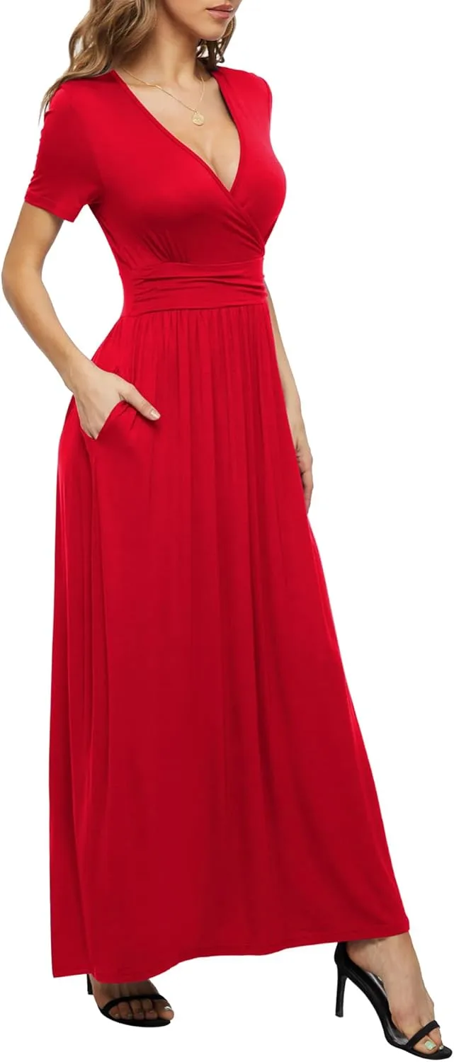 LILBETTER Women's Summer Short Sleeves Dress Wrap Waist Maxi Dresses with Pockets