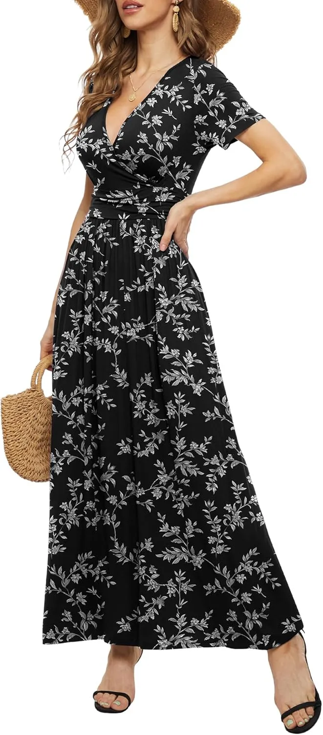 LILBETTER Women's Summer Short Sleeves Dress Wrap Waist Maxi Dresses with Pockets