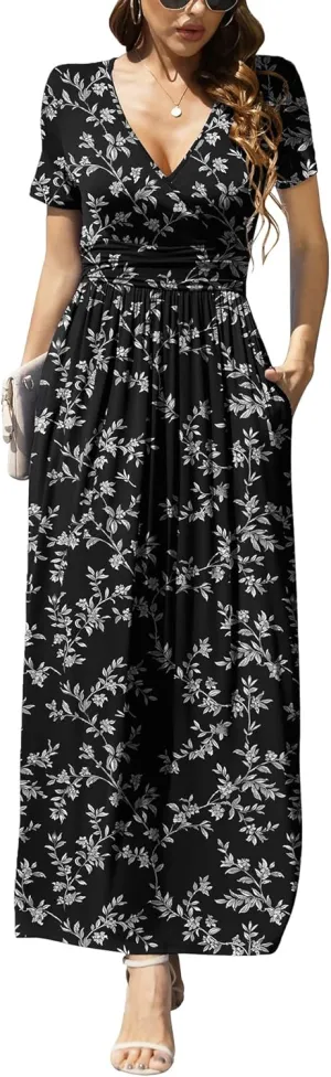 LILBETTER Women's Summer Short Sleeves Dress Wrap Waist Maxi Dresses with Pockets