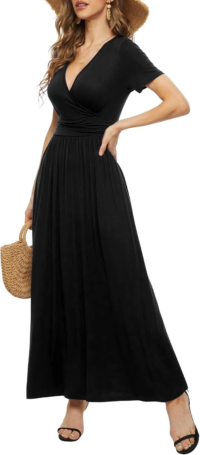 LILBETTER Women's Summer Short Sleeves Dress Wrap Waist Maxi Dresses with Pockets