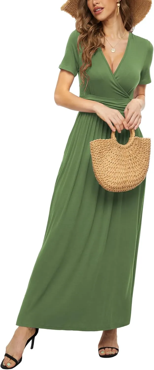 LILBETTER Women's Summer Short Sleeves Dress Wrap Waist Maxi Dresses with Pockets