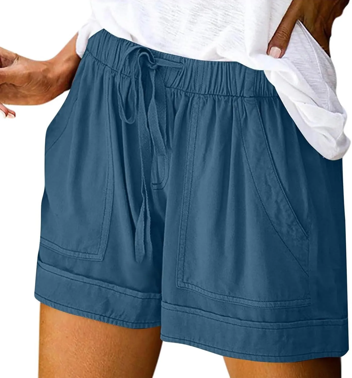 Linen Womens Shorts with Pockets Drawstring Elastic Waist Cotton Linen Beach Vacation Trendy 2025 Summer Clothes