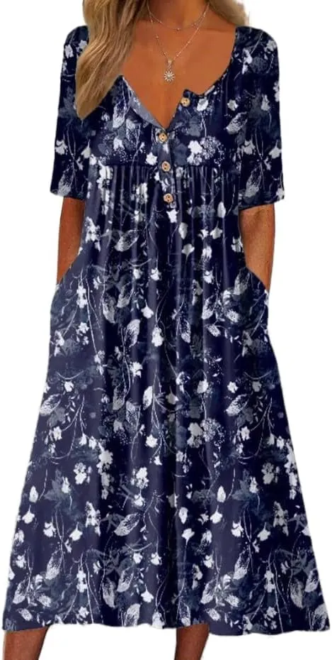 LOAIHA Women's Short Sleeve Boho Floral Print Maxi Dress Summer V Neck Casual Loose Dress with Pockets
