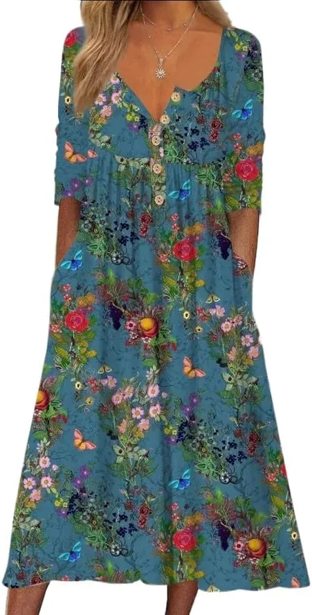 LOAIHA Women's Short Sleeve Boho Floral Print Maxi Dress Summer V Neck Casual Loose Dress with Pockets