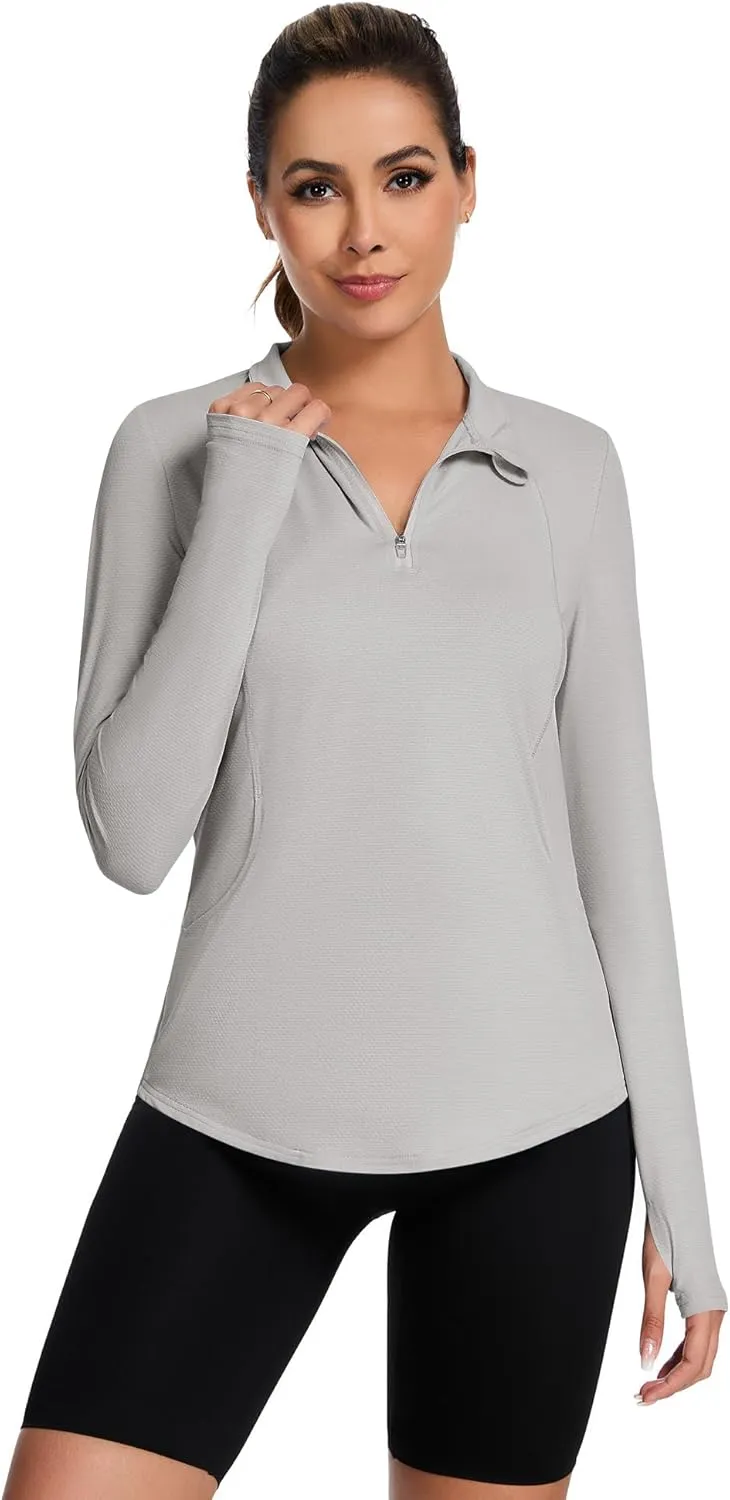 Loovoo Long Sleeve UPF50  Workout Tops Sun Protection 1/4 Zip Summer Quick Dry Hiking Shirts Lightweight Pullover Women