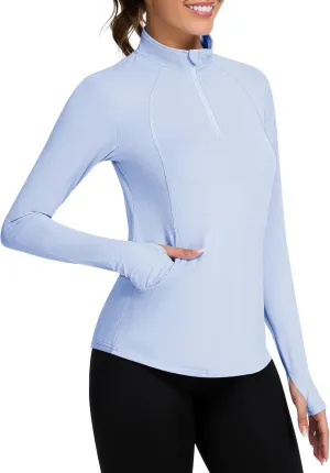 Loovoo Long Sleeve UPF50  Workout Tops Sun Protection 1/4 Zip Summer Quick Dry Hiking Shirts Lightweight Pullover Women