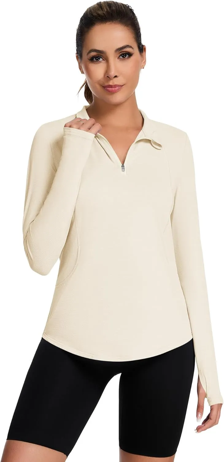 Loovoo Long Sleeve UPF50  Workout Tops Sun Protection 1/4 Zip Summer Quick Dry Hiking Shirts Lightweight Pullover Women