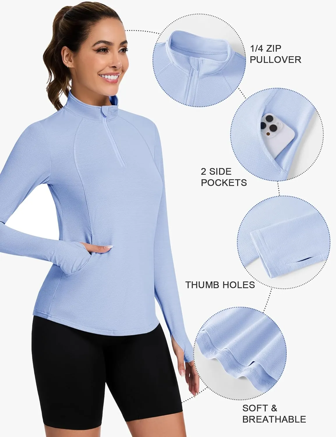 Loovoo Long Sleeve UPF50  Workout Tops Sun Protection 1/4 Zip Summer Quick Dry Hiking Shirts Lightweight Pullover Women