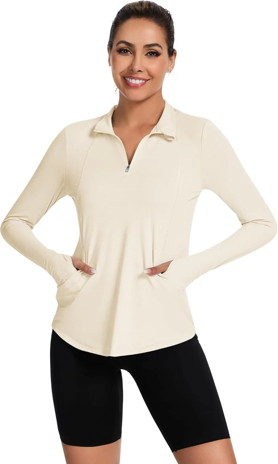 Loovoo Long Sleeve UPF50  Workout Tops Sun Protection 1/4 Zip Summer Quick Dry Hiking Shirts Lightweight Pullover Women