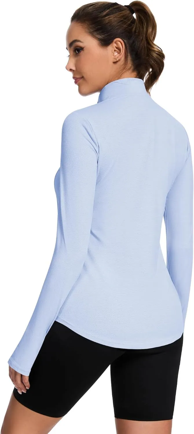 Loovoo Long Sleeve UPF50  Workout Tops Sun Protection 1/4 Zip Summer Quick Dry Hiking Shirts Lightweight Pullover Women