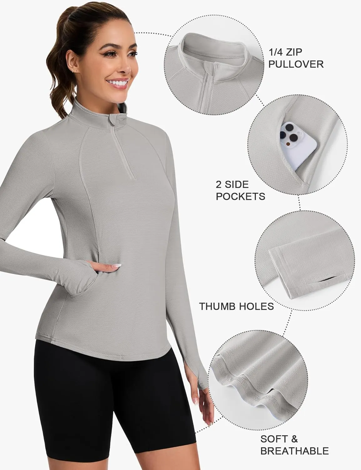 Loovoo Long Sleeve UPF50  Workout Tops Sun Protection 1/4 Zip Summer Quick Dry Hiking Shirts Lightweight Pullover Women