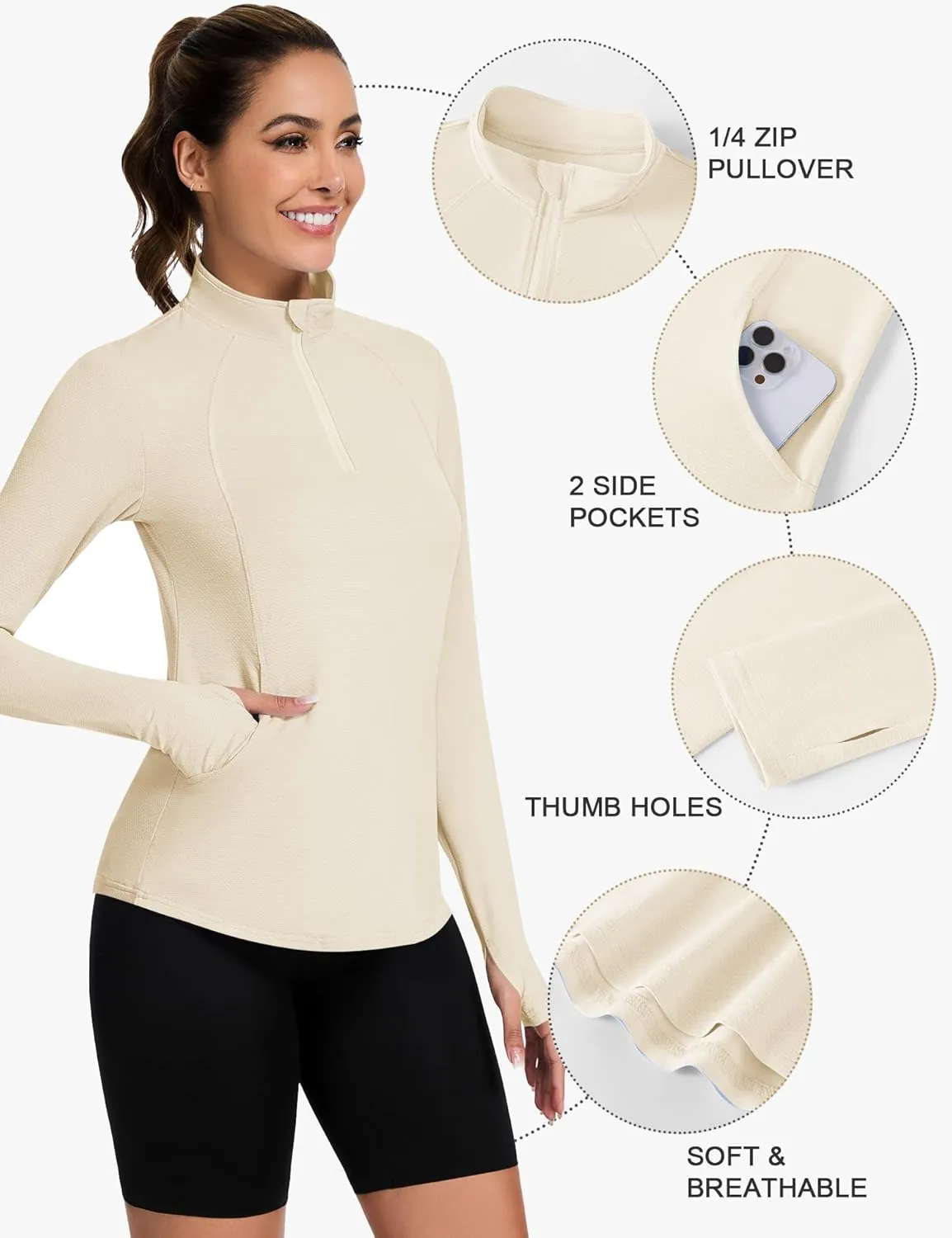 Loovoo Long Sleeve UPF50  Workout Tops Sun Protection 1/4 Zip Summer Quick Dry Hiking Shirts Lightweight Pullover Women
