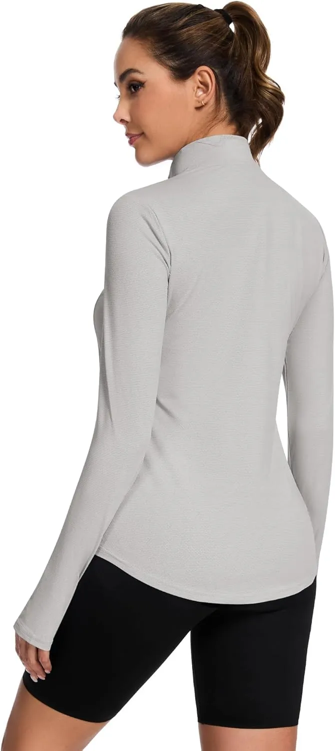 Loovoo Long Sleeve UPF50  Workout Tops Sun Protection 1/4 Zip Summer Quick Dry Hiking Shirts Lightweight Pullover Women