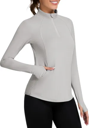 Loovoo Long Sleeve UPF50  Workout Tops Sun Protection 1/4 Zip Summer Quick Dry Hiking Shirts Lightweight Pullover Women
