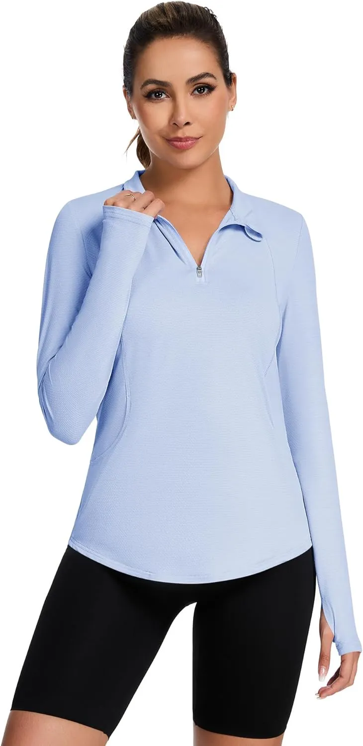 Loovoo Long Sleeve UPF50  Workout Tops Sun Protection 1/4 Zip Summer Quick Dry Hiking Shirts Lightweight Pullover Women
