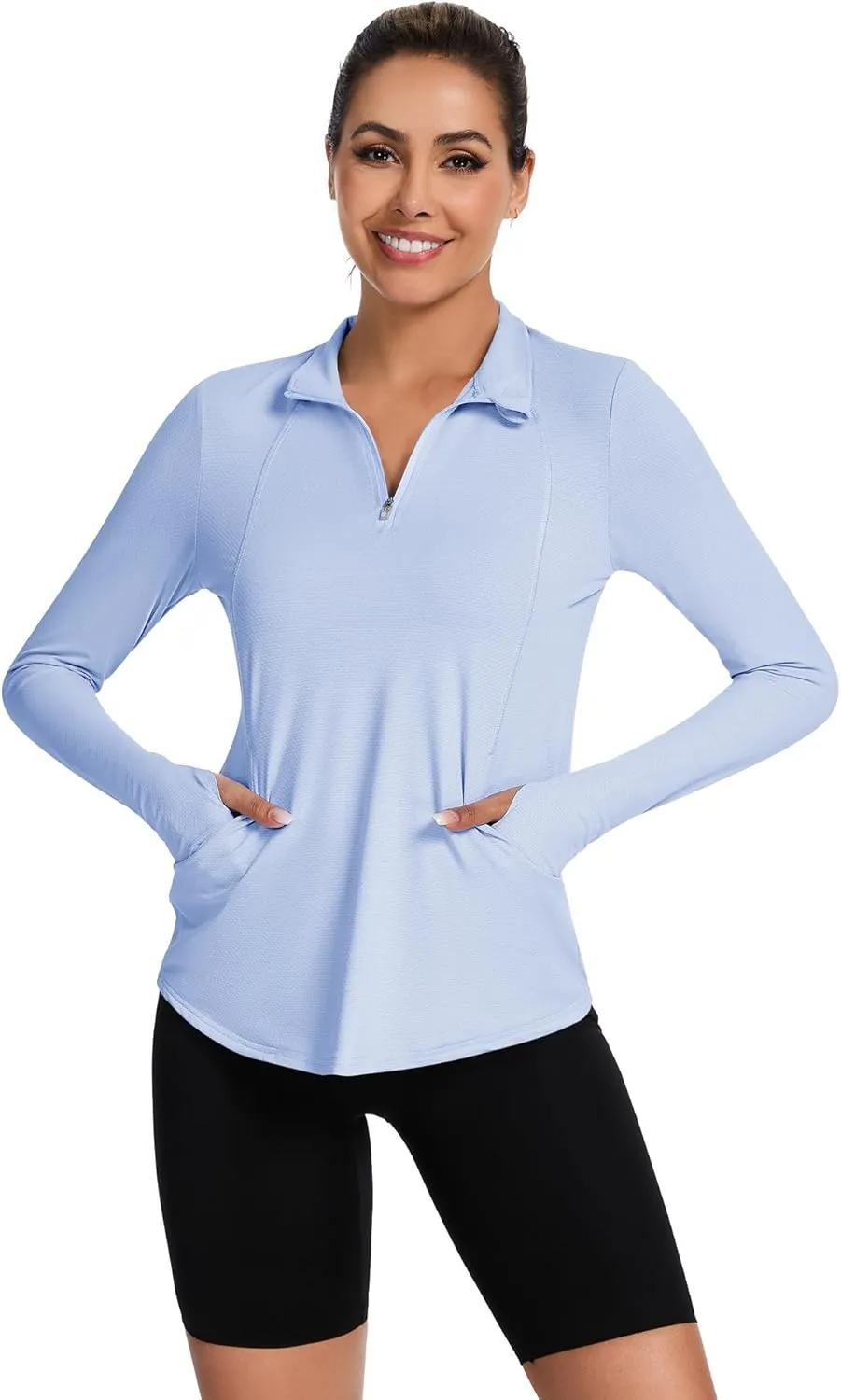 Loovoo Long Sleeve UPF50  Workout Tops Sun Protection 1/4 Zip Summer Quick Dry Hiking Shirts Lightweight Pullover Women