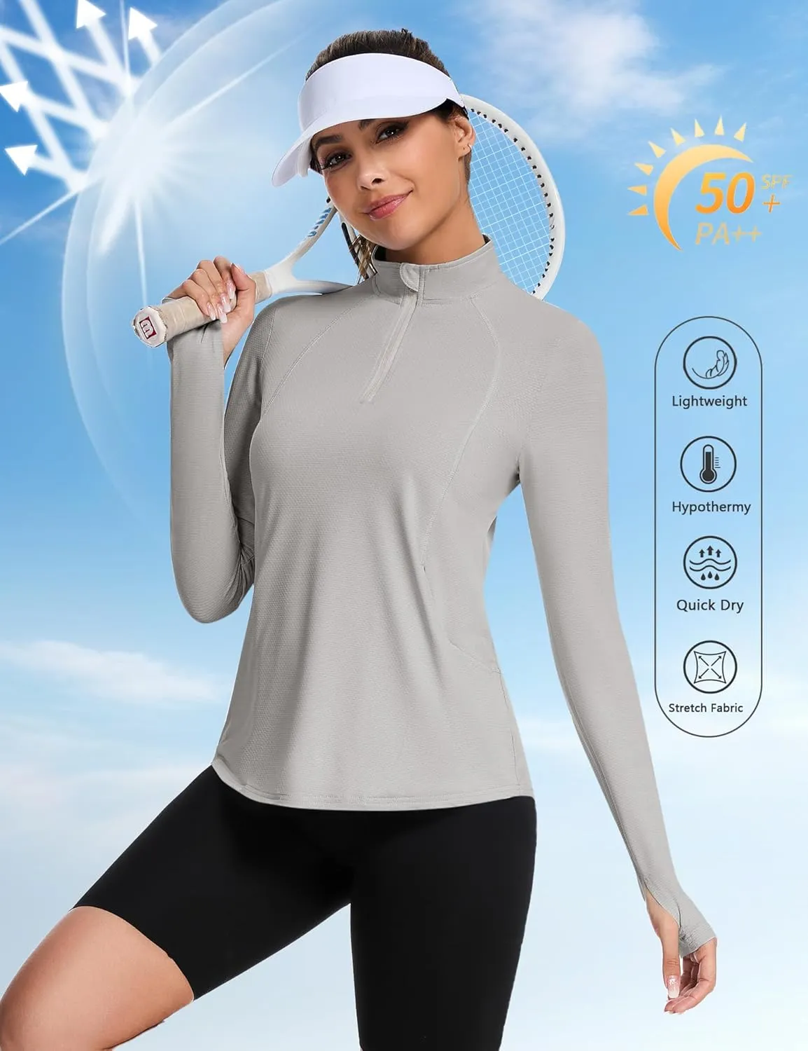 Loovoo Long Sleeve UPF50  Workout Tops Sun Protection 1/4 Zip Summer Quick Dry Hiking Shirts Lightweight Pullover Women