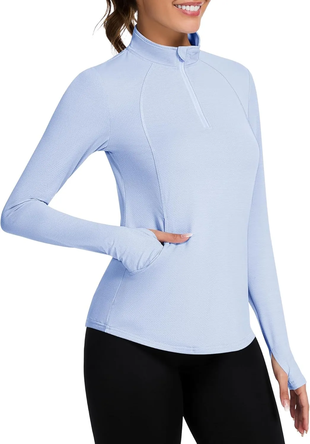 Loovoo Long Sleeve UPF50  Workout Tops Sun Protection 1/4 Zip Summer Quick Dry Hiking Shirts Lightweight Pullover Women